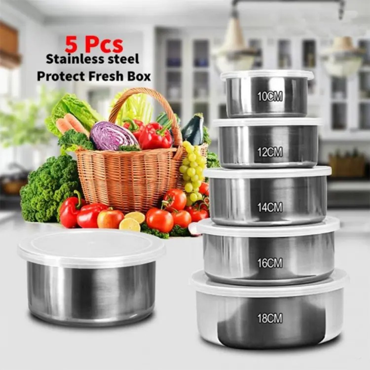 5 pcs Steel Box Stainless Steel Food Box with Plastic Lid