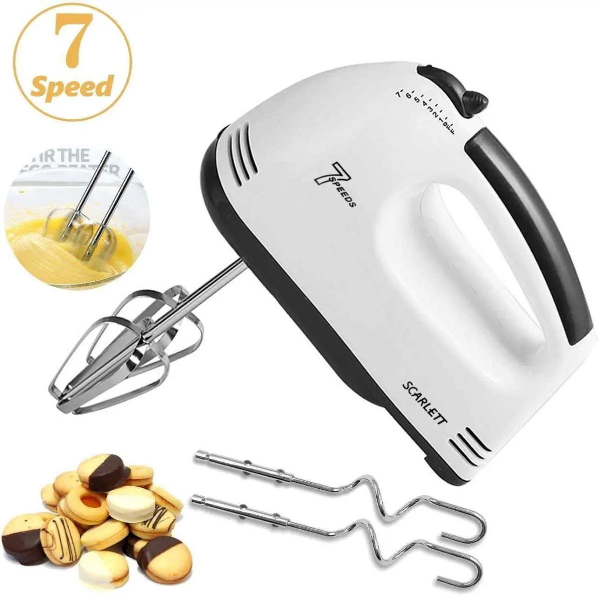 Scarlett Electrical Hand Mixer Egg Beater Ice-cream Beater Cake Beater with 2 Stainless Steel Beaters 2 Dough Hooks - Product Image 1